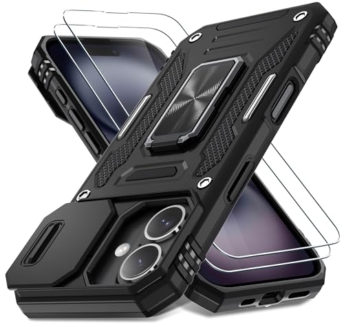 DEERLAMN Case for iPhone 16 with Slide Camera Cover+Screen Protector (2 Packs), Rotated Ring Kickstand Military Grade Shockproof Protective Cover-Black - Image 1