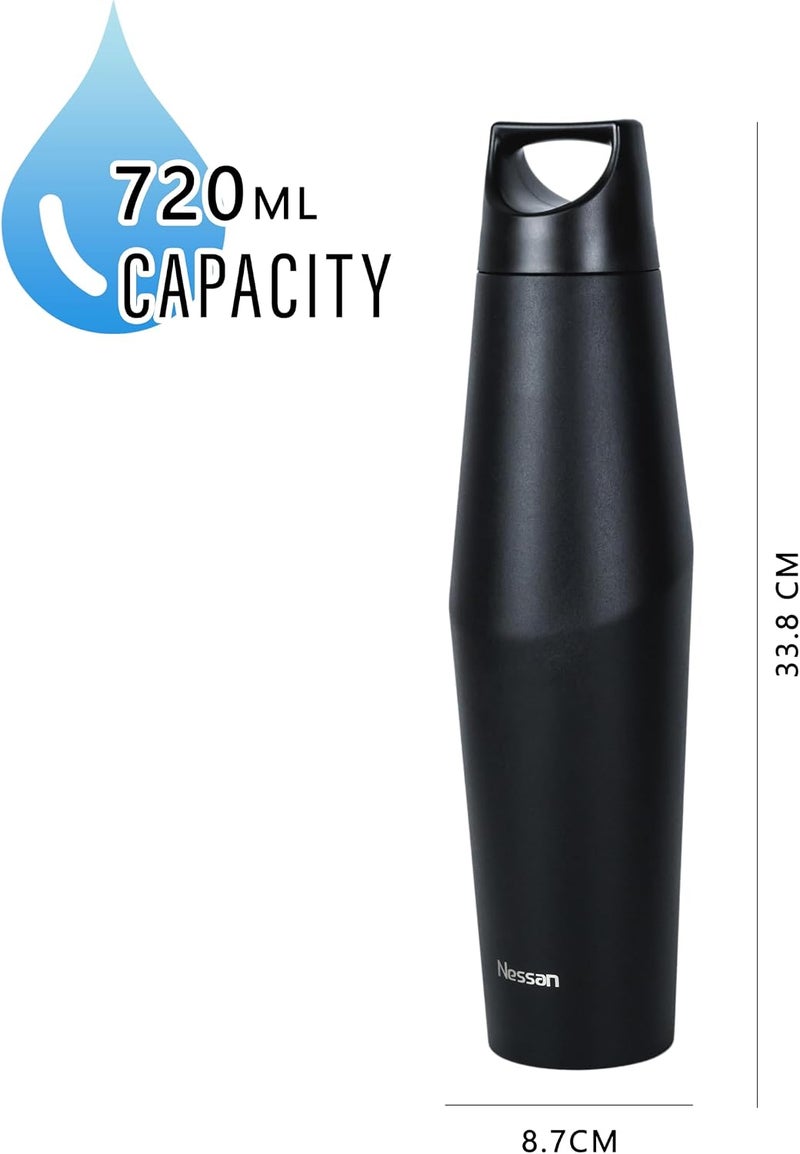 Nessan Double Wall Stainless Steel Vacuum Insulated Travel Flask Bottle for Water, Iced Tea or Hot Coffee, Smoothie and More (Black, 720ml) - Image 3