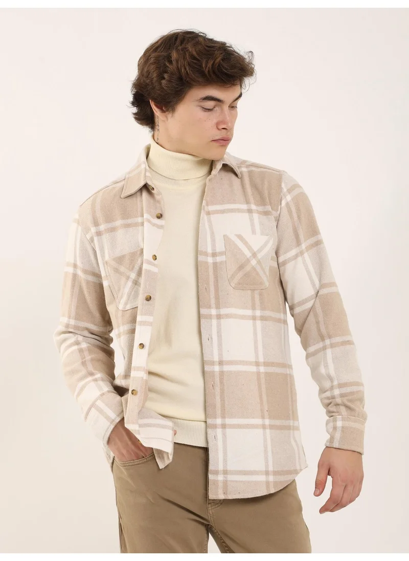 Dufy Beige Men's Regular Fit Brent Collar Long Sleeve Shirt