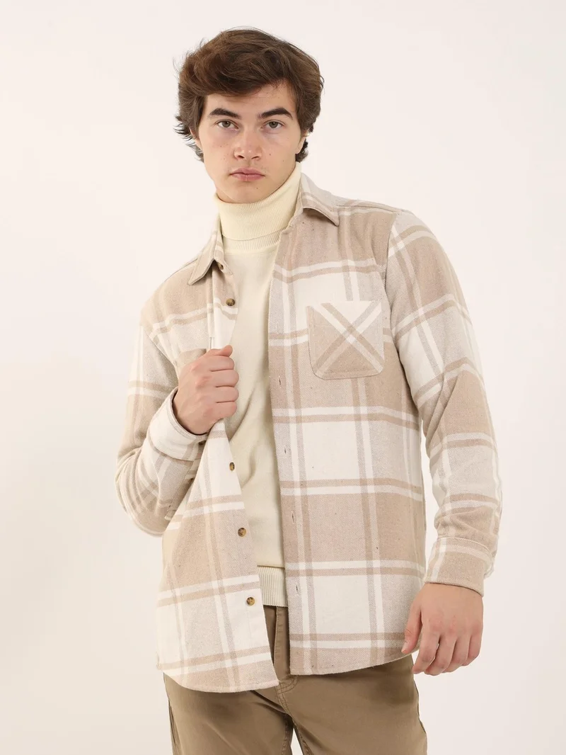 Dufy Beige Men's Regular Fit Brent Collar Long Sleeve Shirt