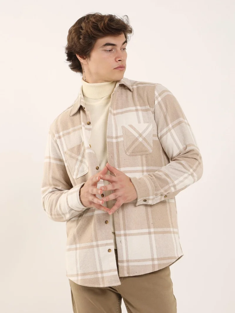 Dufy Beige Men's Regular Fit Brent Collar Long Sleeve Shirt