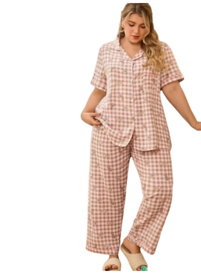 Women's cotton two-piece pajama set, plus sizes - short-sleeved plaid top and comfortable long pants for home and sleep - Image 1