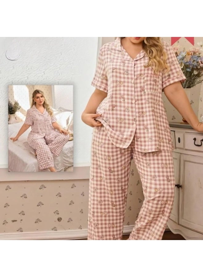 Women's cotton two-piece pajama set, plus sizes - short-sleeved plaid top and comfortable long pants for home and sleep - Image 2