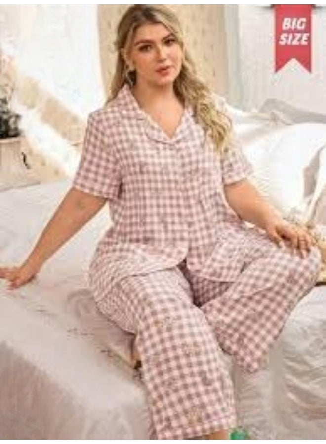 Women's cotton two-piece pajama set, plus sizes - short-sleeved plaid top and comfortable long pants for home and sleep - Image 3