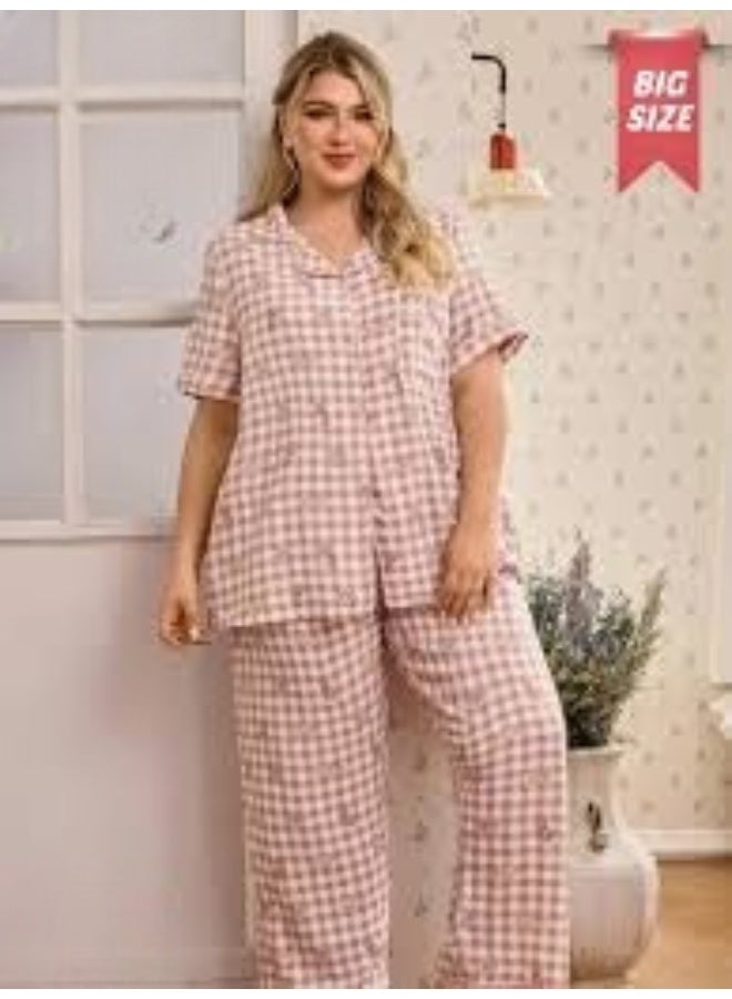Women's cotton two-piece pajama set, plus sizes - short-sleeved plaid top and comfortable long pants for home and sleep - Image 4