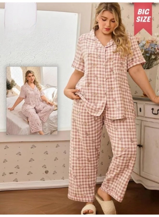 Women's cotton two-piece pajama set, plus sizes - short-sleeved plaid top and comfortable long pants for home and sleep - Image 5
