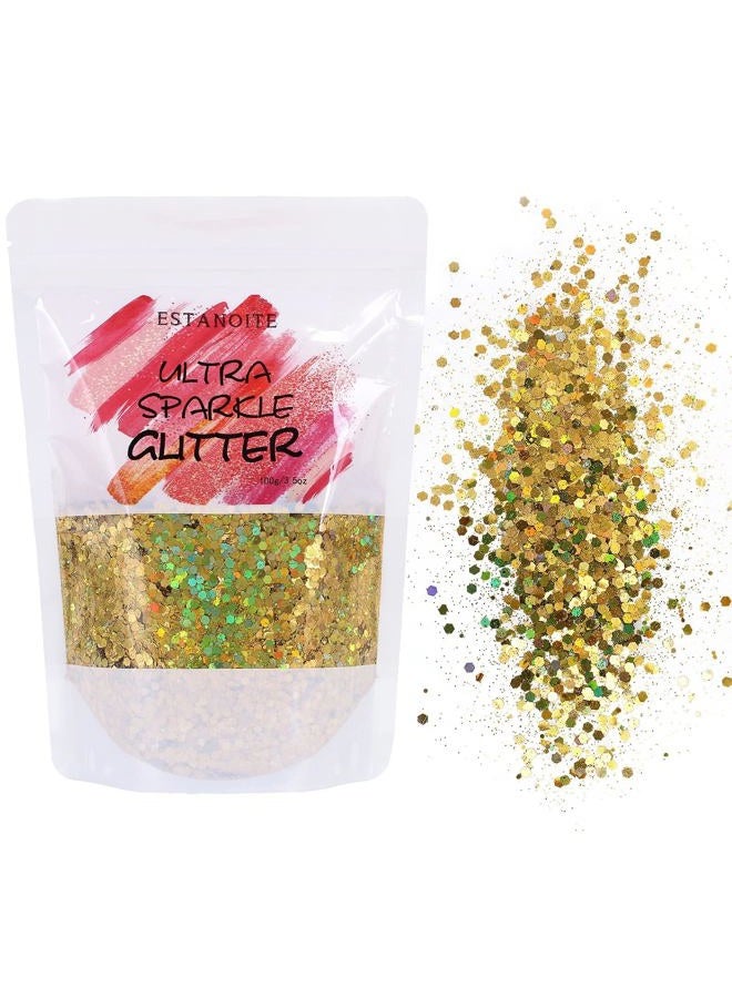 Estanoite Holographic Chunky Glitter 100g, Resin Glitter for Craft, Cosmetic Nail Glitter, Mixed Glitter for Epoxy Arts, Body, Face, Nail, Chunky Glitter for Tumblers (Gold) - Image 2