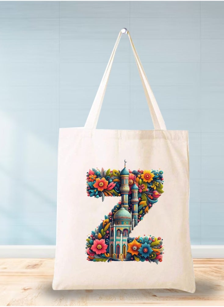 PRINTSHOP4ME - Initial Monogram Tote Bag - Cotton Tote with Initial Design Printed - Perfect for School, Travel and Birthday Gift - Eco-Friendly Canvas Cotton Tote Bag for Women - Gift for Ramadan - Image 1