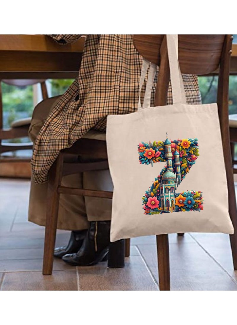 PRINTSHOP4ME - Initial Monogram Tote Bag - Cotton Tote with Initial Design Printed - Perfect for School, Travel and Birthday Gift - Eco-Friendly Canvas Cotton Tote Bag for Women - Gift for Ramadan - Image 1