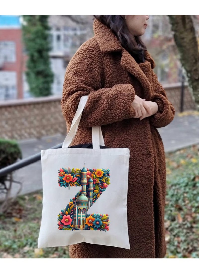 PRINTSHOP4ME - Initial Monogram Tote Bag - Cotton Tote with Initial Design Printed - Perfect for School, Travel and Birthday Gift - Eco-Friendly Canvas Cotton Tote Bag for Women - Gift for Ramadan - Image 1