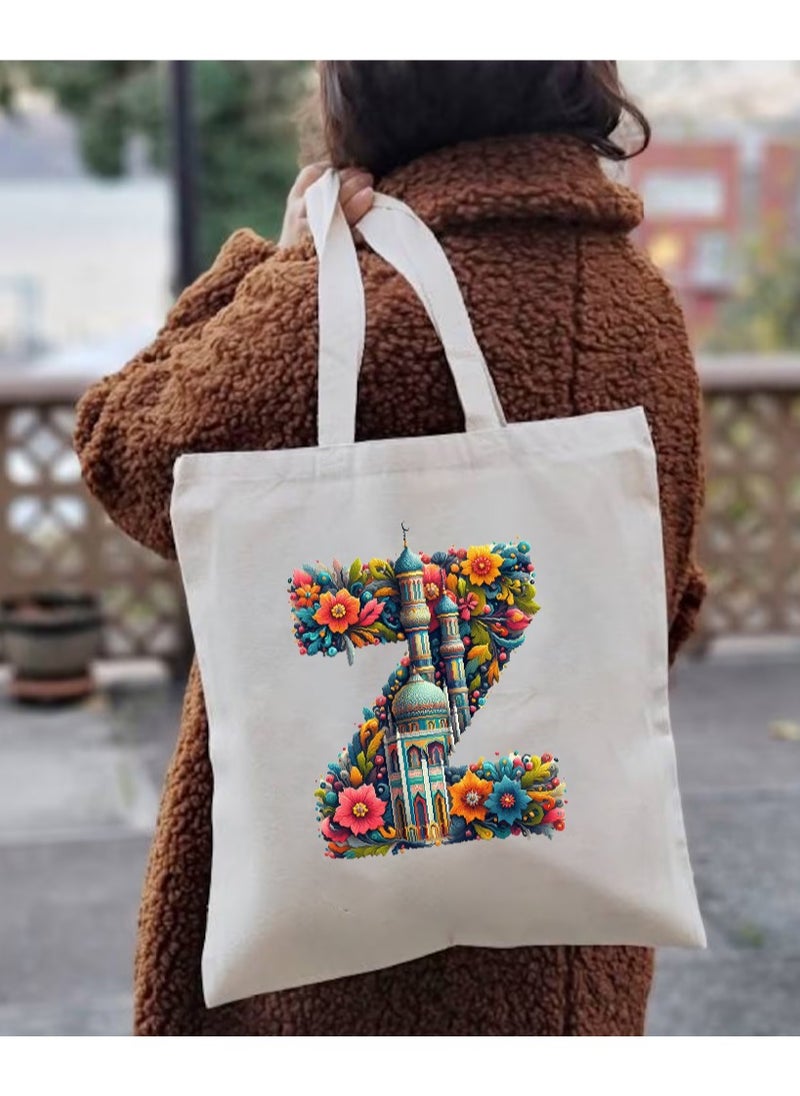 PRINTSHOP4ME - Initial Monogram Tote Bag - Cotton Tote with Initial Design Printed - Perfect for School, Travel and Birthday Gift - Eco-Friendly Canvas Cotton Tote Bag for Women - Gift for Ramadan - Image 1
