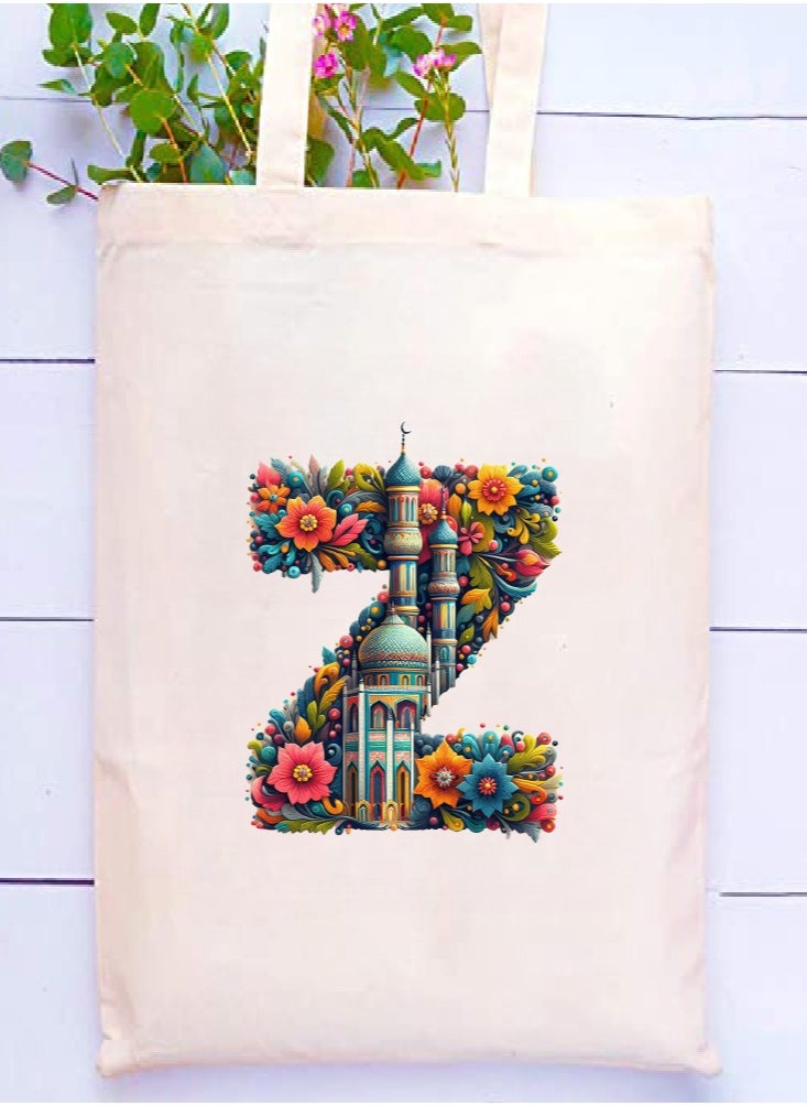 PRINTSHOP4ME - Initial Monogram Tote Bag - Cotton Tote with Initial Design Printed - Perfect for School, Travel and Birthday Gift - Eco-Friendly Canvas Cotton Tote Bag for Women - Gift for Ramadan - Image 1
