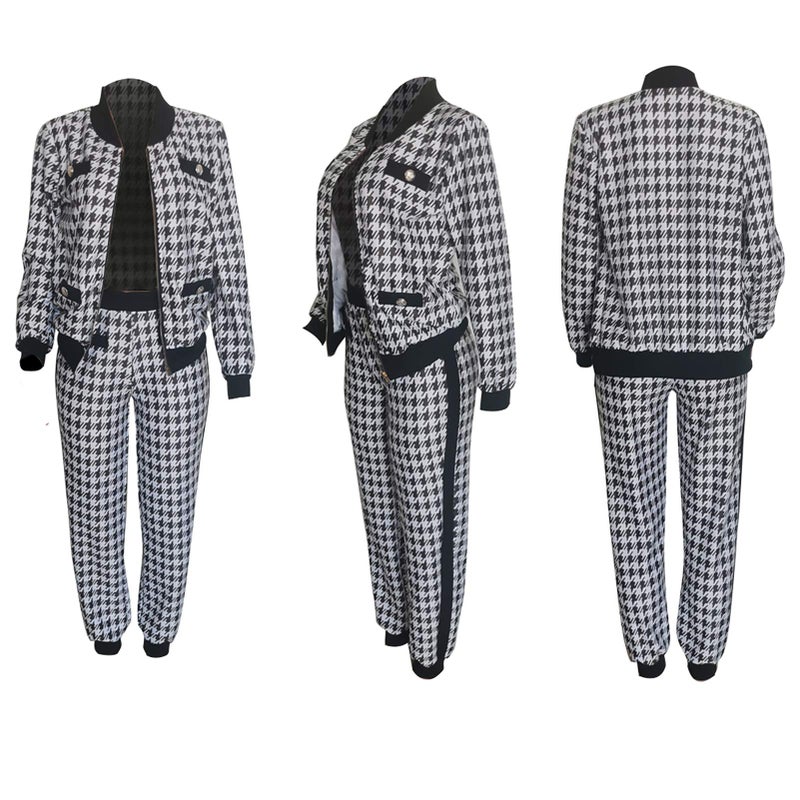 LKOUS Black Women's Wrinkle Resistant Houndstooth Pantsuit 2 Piece Blazer & Pants Business Set - Image 3