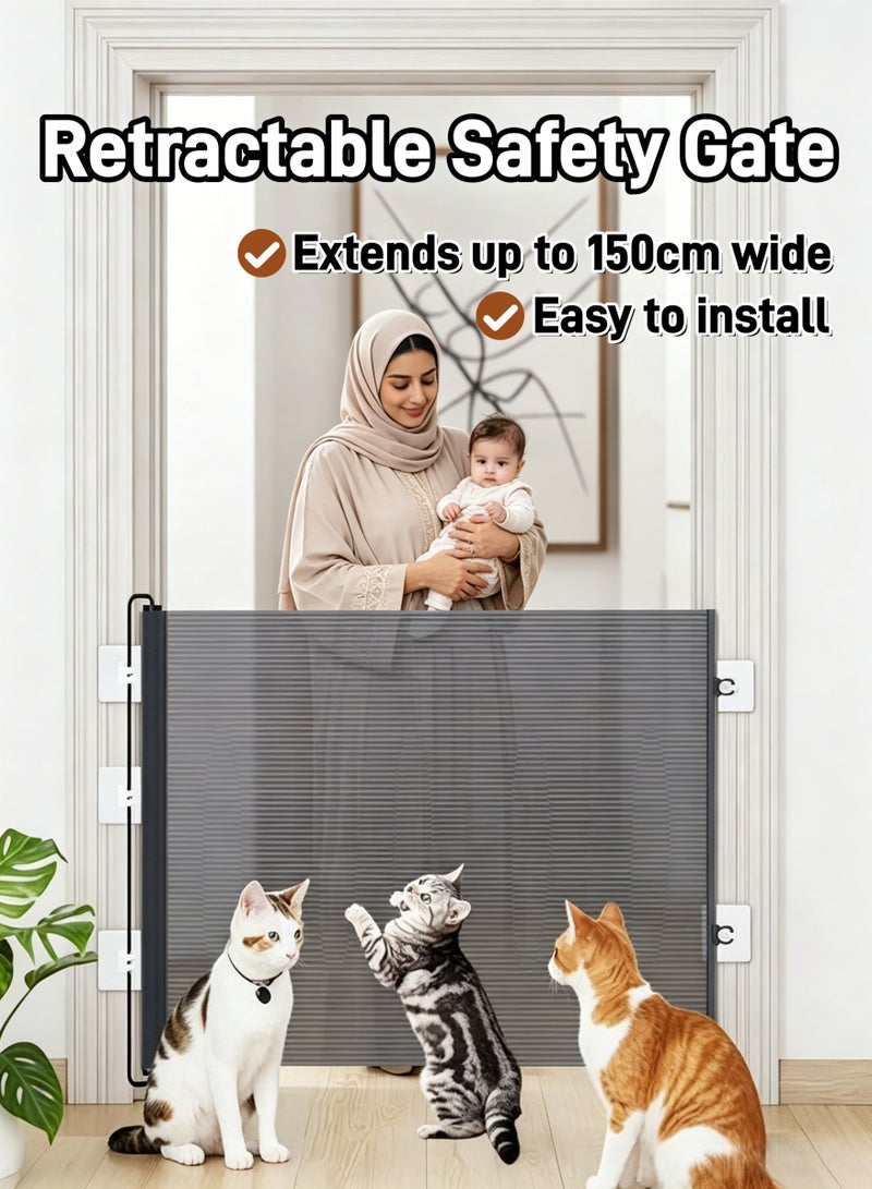 Aimayapet Retractable Baby Gate, Safety Mesh Baby and Pet Gate 78cm Tall, Extends up to 150cm Wide, Extra Wide  Baby Safety Gates Toddler Play Fence  for Stairs Doorways Hallways, Pet Dog Gate Cat Gate - Image 1