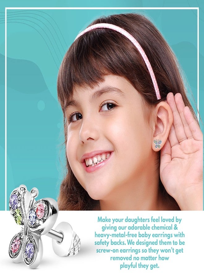 Chanteur Kids Hypoallergenic Earrings, Butterfly Screwback Earrings for Girls, White Gold Toned Baby with Surgical Titanium Posts, Jewelry Kids, Earring Set Colorful Crystals - Image 3