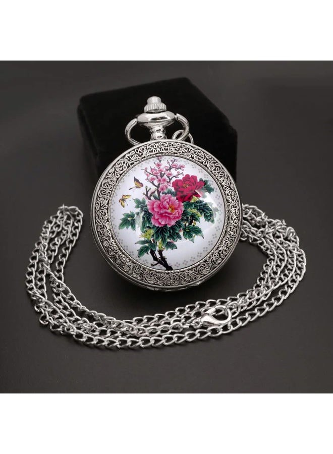 Vigoroso Quartz Beautiful Peony Bird Enamel Painting Steampunk Silver Pocket Watches in Box, Flower2_Blue - Image 2