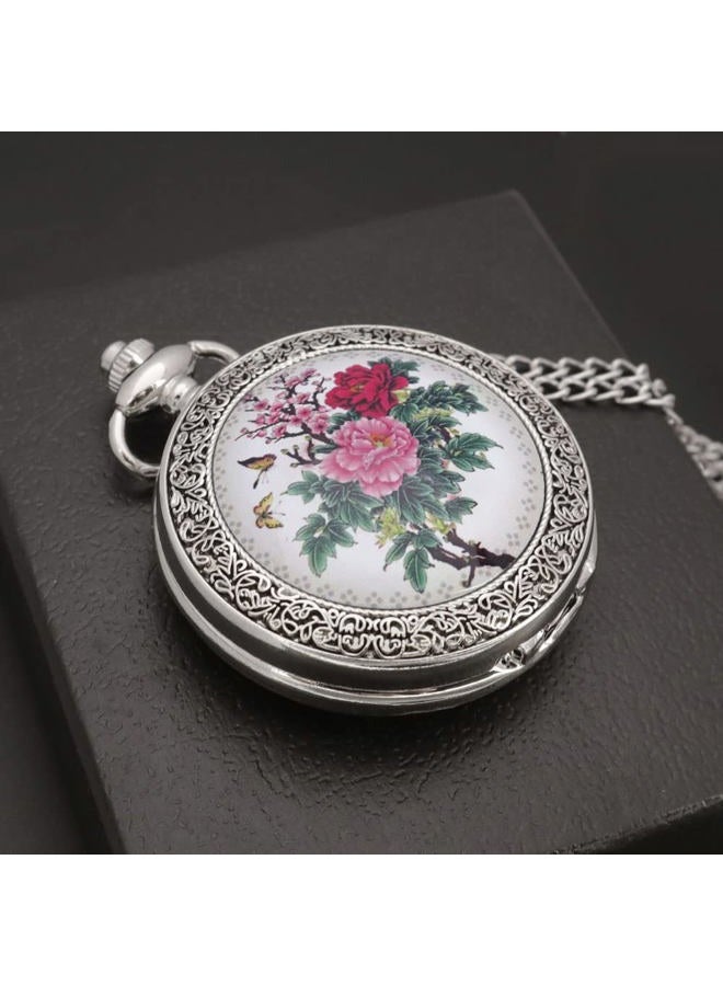 Vigoroso Quartz Beautiful Peony Bird Enamel Painting Steampunk Silver Pocket Watches in Box, Flower2_Blue - Image 3