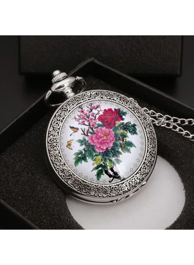 Vigoroso Quartz Beautiful Peony Bird Enamel Painting Steampunk Silver Pocket Watches in Box, Flower2_Blue - Image 4