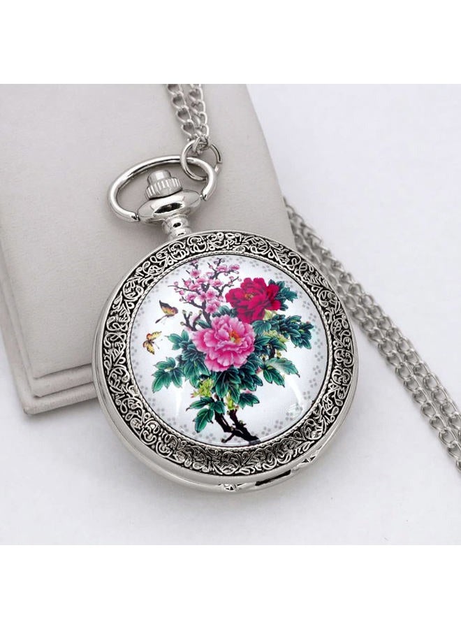 Vigoroso Quartz Beautiful Peony Bird Enamel Painting Steampunk Silver Pocket Watches in Box, Flower2_Blue - Image 5