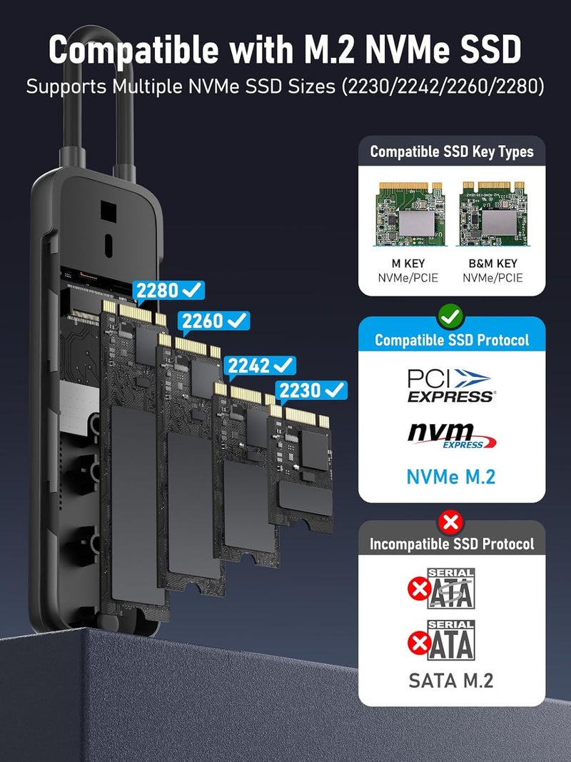 Lemorele حاوية SSD NVMe M.2، 10Gbps USB-C 3.2 Gen 2 محول حاوية خارجية PCIe، بدون أدوات، لدعم محركات الأقراص الصلبة M-Key و B&M Key 2230/2242/2260/2280، شريحة Realtek RTL9210 - Image 3