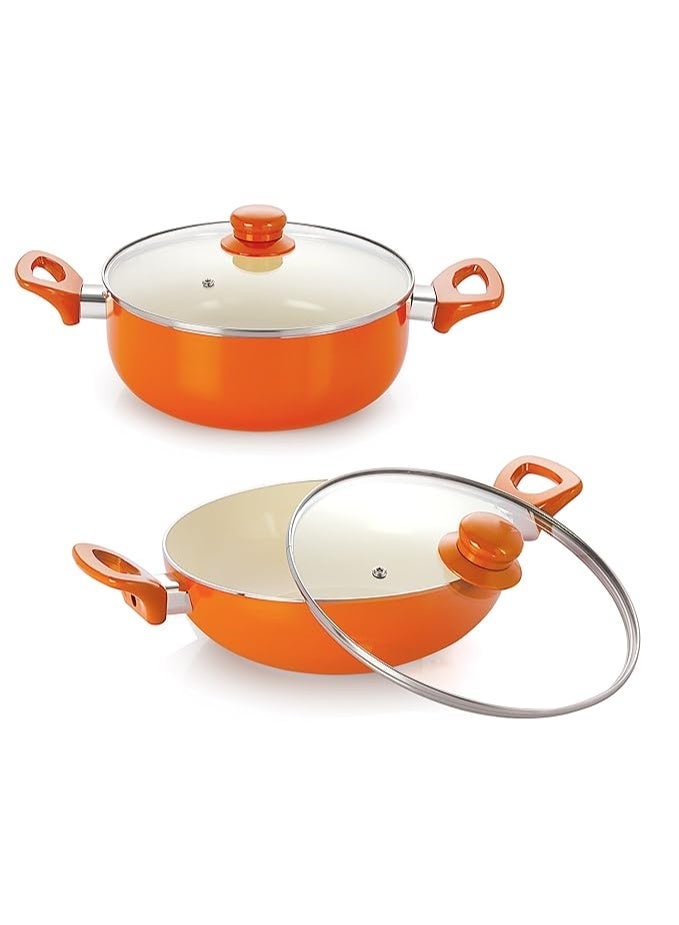 Nirlon 5 Layer Non-Stick Ceramic Coated Aluminium Cookware Set (2 Piece Set)1 Deep Kadai With Glass Lid 2Ltr, 1 Deep Casserole 2Ltr - Image 1