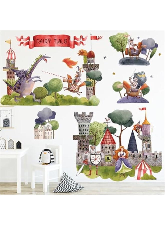 Princess Knight Wall Stickers Castle King Cartoon Dragon Wall Decals Removable Vinyl Peel and Stick for Boy Kids Nursery Living Room Bedroom Children's Room Art Decorations - Image 1