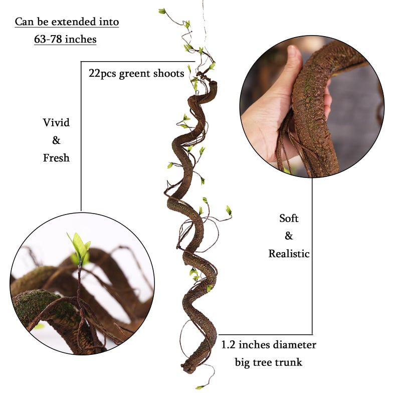 Fosolasi 63in Bendable Thick Artificial Tree Branches Faux Wood Tree Trunk Twigs Grapevines Moss Plants Garland With Green Leaves For Wall Hanging Reptile Climbing Halloween Outdoor Arch Home Garden Decoration - Image 2