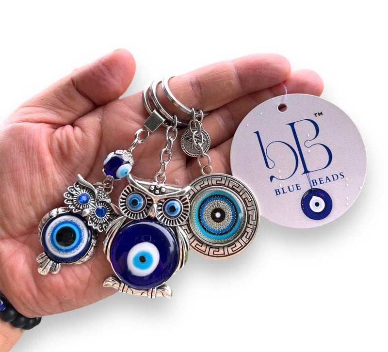 BLUE BEADS Original Blue and Silver Color Evil Eye Keychain For Bike/Car Gifting With Key Ring Anti-Rust (Pack of 3) - Image 1