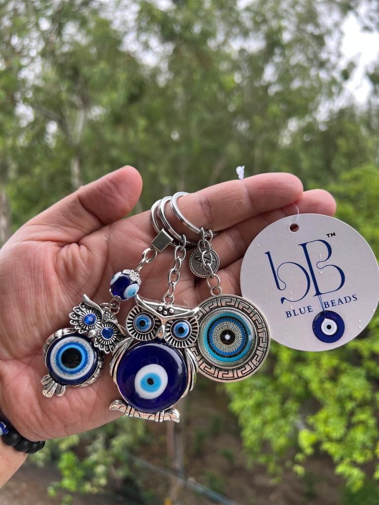 BLUE BEADS Original Blue and Silver Color Evil Eye Keychain For Bike/Car Gifting With Key Ring Anti-Rust (Pack of 3) - Image 2