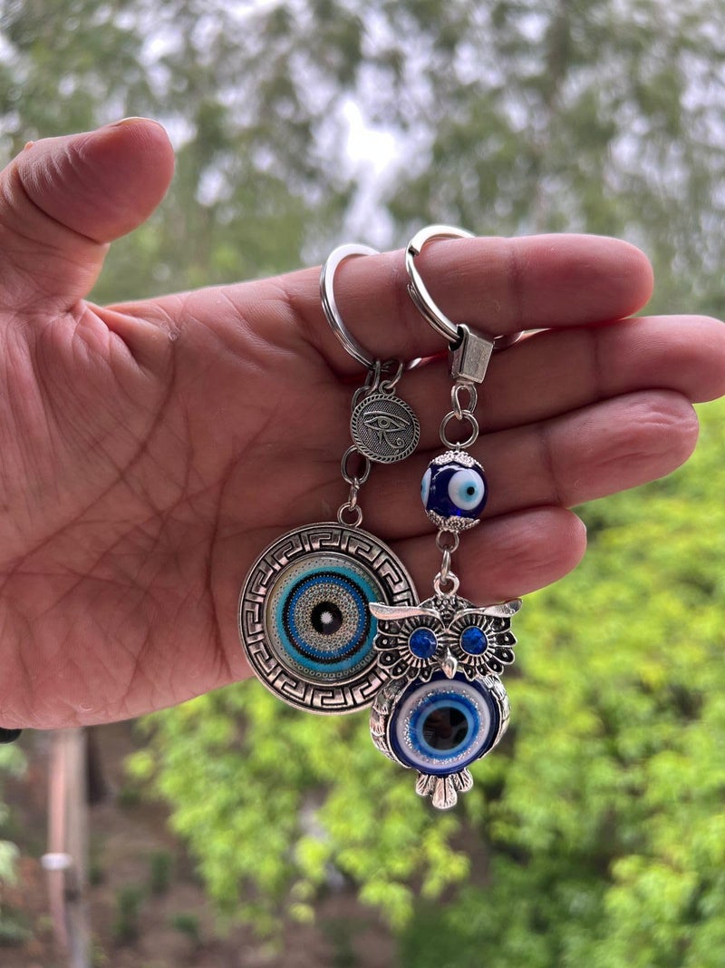 BLUE BEADS Original Blue and Silver Color Evil Eye Keychain For Bike/Car Gifting With Key Ring Anti-Rust (Pack of 3) - Image 3