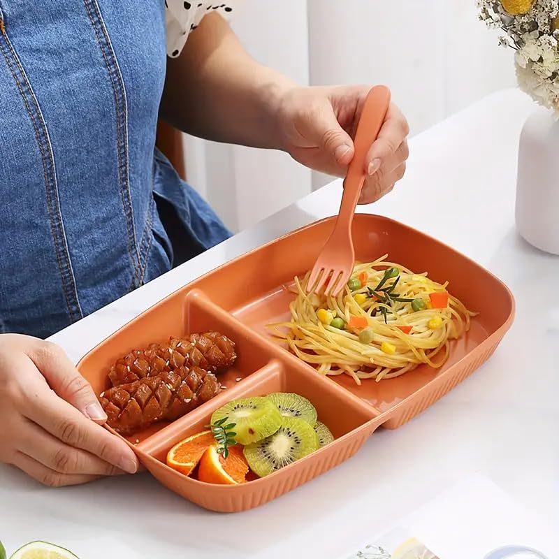 KitchEase Japanese Style Wheat Straw Dinner Plates Stylish Stripe Design Divided 3Compartment Rectangular Serving Dishes Microwave Dishwasher Safe Tableware for Dinner Snacks Parties - Image 2