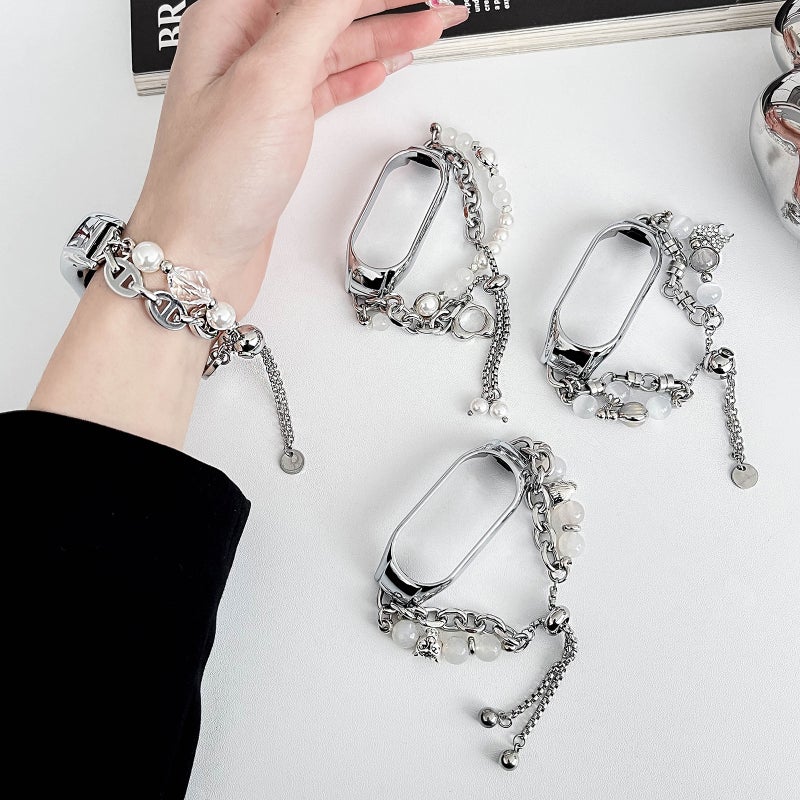 erorex For Xiaomi Mi Band 3 / 4 Crystal Beaded Onyx Watch Band(Silver+Leopard Head) - Image 5