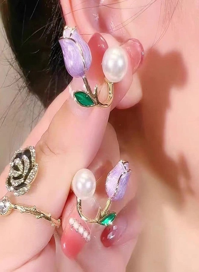 MIFYNN Flower Pearl Stud Earrings - Hypoallergenic, Lightweight Pink Flower Ear Hooks - Jacket Front Back Earrings for Women (Purple) - Image 3