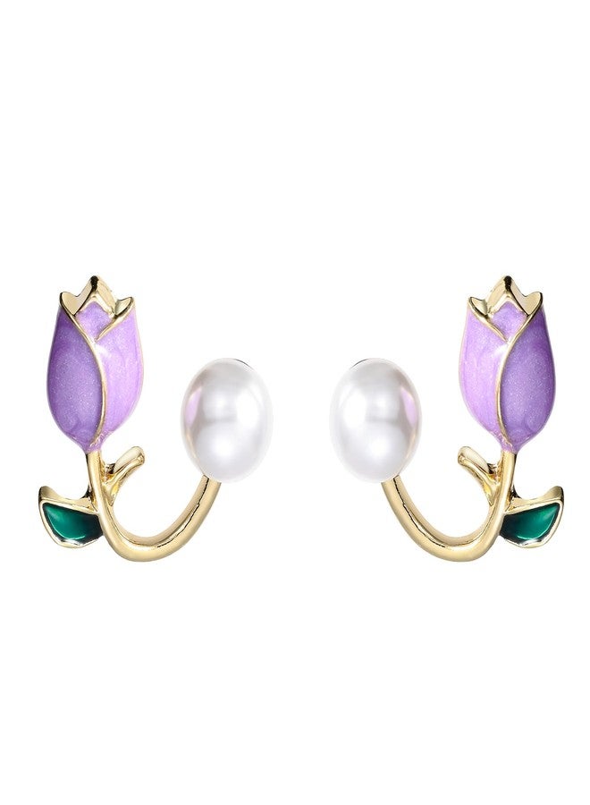 MIFYNN Flower Pearl Stud Earrings - Hypoallergenic, Lightweight Pink Flower Ear Hooks - Jacket Front Back Earrings for Women (Purple) - Image 1