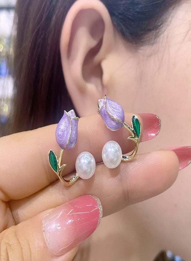 MIFYNN Flower Pearl Stud Earrings - Hypoallergenic, Lightweight Pink Flower Ear Hooks - Jacket Front Back Earrings for Women (Purple) - Image 2