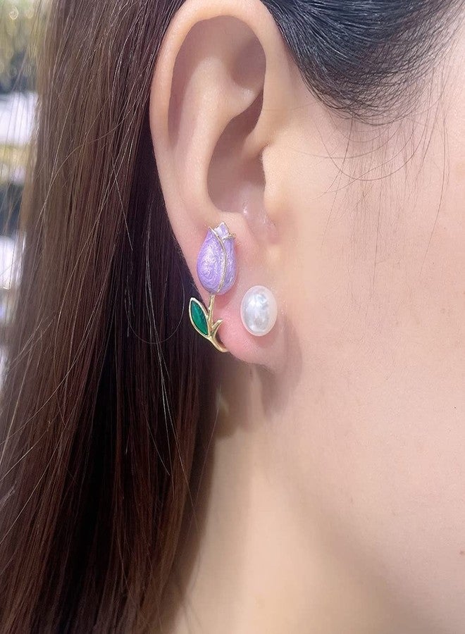 MIFYNN Flower Pearl Stud Earrings - Hypoallergenic, Lightweight Pink Flower Ear Hooks - Jacket Front Back Earrings for Women (Purple) - Image 4