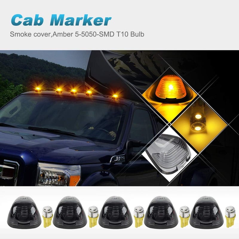 Partsam 5X Smoke Cab Marker Top Roof Light with 5X Amber T10 LED Lights Assembly - Image 3