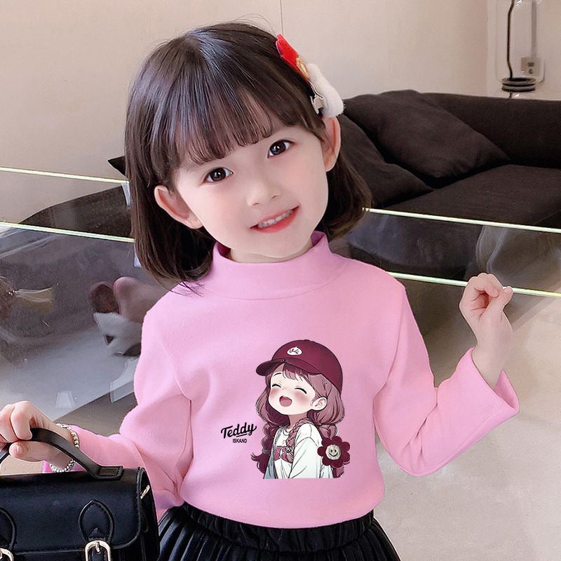 Girls' Semi-High Collar Velvet Casual Long-Sleeved T-Shirt Autumn New Arrival Medium And Large Children'S Wear Cartoon Printed Western Style Girls' Trendy T-Shirt - Image 1