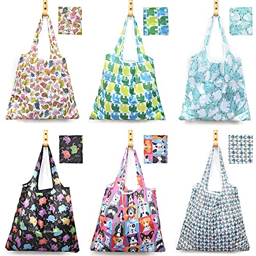 MRYUWB 6 Pcs Set Reusable Grocery Bags, Foldable Shopping Bags, Large Groceries Bags with Pouch Bulk, Ripstop, Easy Carrying，Waterproof, Eco-Friendly, Machine Washable Nylon Tote Bag (Lovely Animals) - Image 1