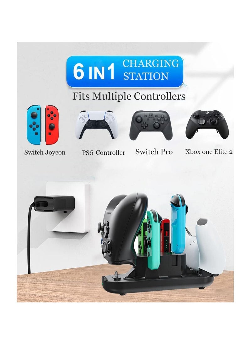 Controller Charging Dock Station Compatible with Nintendo Switch Pro Controller and Joy-con, 6-in-1 Charging Stand for Switch OLED Model Lite with Charging Indicator and Type C Charging Cable