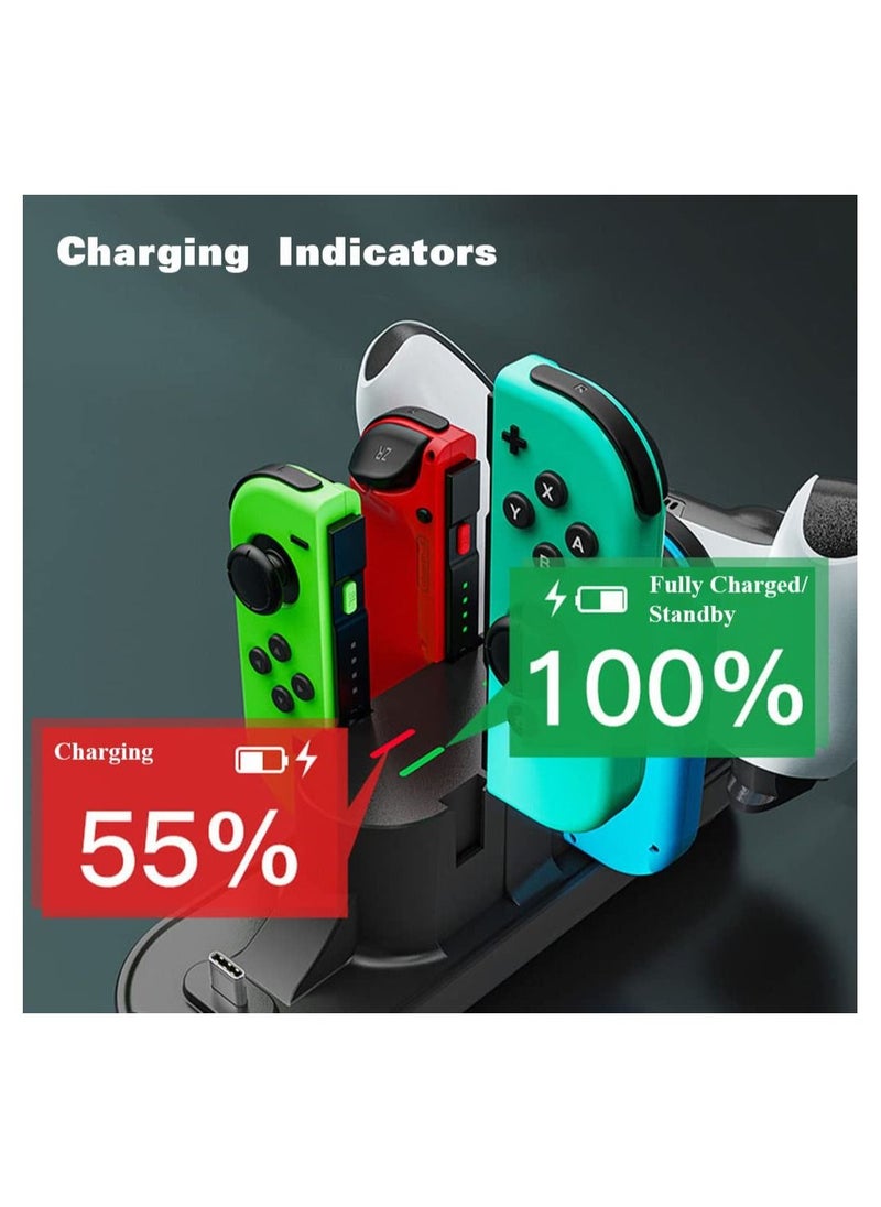 Controller Charging Dock Station Compatible with Nintendo Switch Pro Controller and Joy-con, 6-in-1 Charging Stand for Switch OLED Model Lite with Charging Indicator and Type C Charging Cable