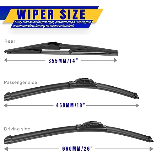 Rooppa 3 wipers Replacement for 2014-2021 Jeep Cherokee, Windshield Wiper Blades Original Equipment Replacement - 26"/18"/14" (Set of 3) U/J HOOK - Image 2
