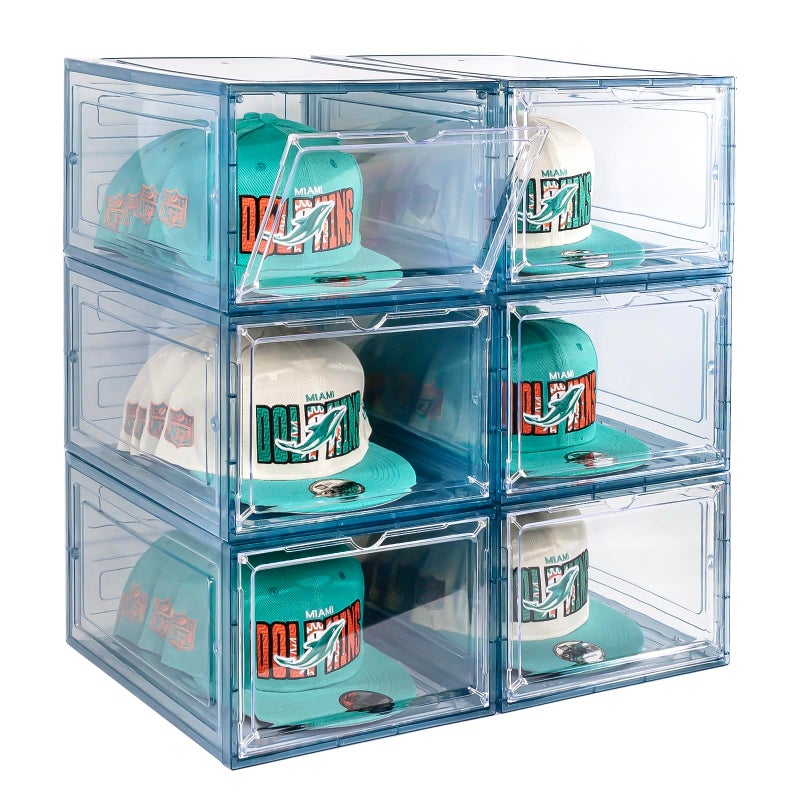 SCAVATA 6 Pack Hat Organizer Box Stackable Clear Baseball Caps Holder Box Containers with Magnetic Door for Hats Snapback Cap Storag Hat Rack Display Case Holds 8 Hats Each Blue