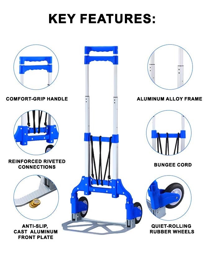 Toshionics Folding Hand Truck Trolley Heavy Duty Dolly Cart with Telescoping Handle Elastic Ropes Wheels Ideal For Shopping Home Office Shopping and Luggage Transport Durable Aluminum Capacity  - Image 2