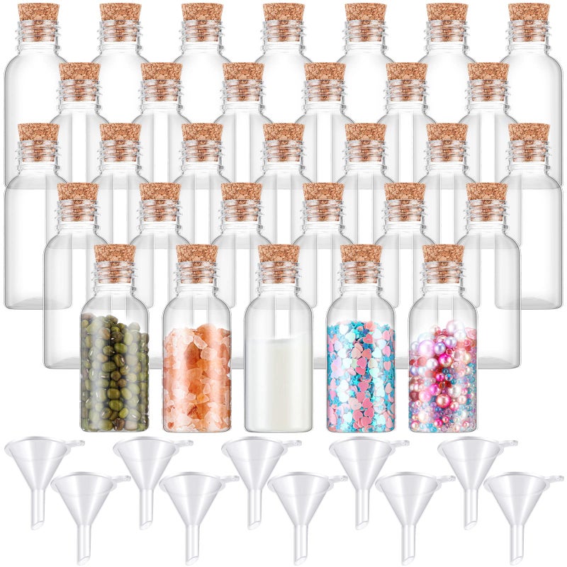 Sabary 50 Packs 1 Oz Plastic Sand Art Bottles With Cork Stoppers Mini Vial Potion Bottles Perfume Cork Bottle With 10 Mini Funnels For Filling Bottles For Diy Craft  Essential Oil  Message  Party Favor - Image 1