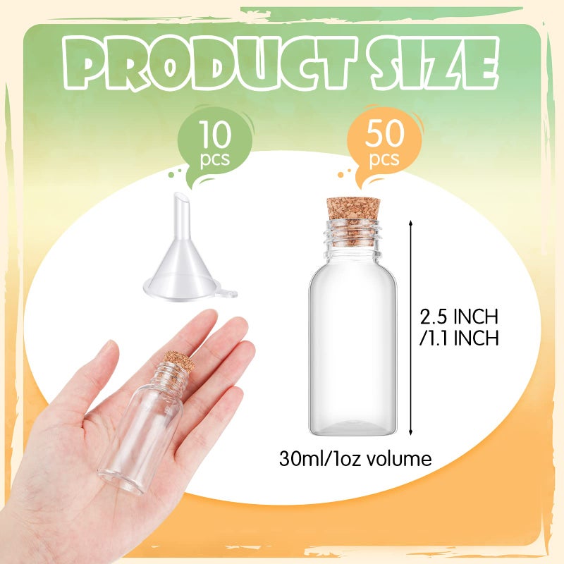 Sabary 50 Packs 1 Oz Plastic Sand Art Bottles With Cork Stoppers Mini Vial Potion Bottles Perfume Cork Bottle With 10 Mini Funnels For Filling Bottles For Diy Craft  Essential Oil  Message  Party Favor - Image 2