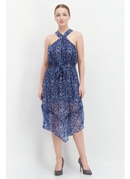 Women Floral Print Casual Midi Dress, Navy Combo