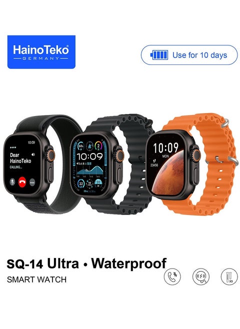 HainoTeko SQ-14 Ultra Waterproof Smartwatch with Large Screen AMOLED Display 10-Day Battery Life and 3 Pair Straps Designed For Ladies and Gents Black