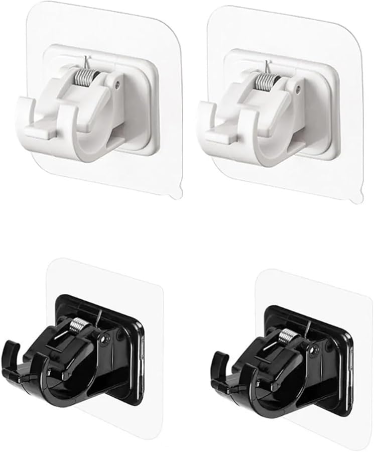 مشابك قضبان الستائر القابلة للتعديل ذاتية اللصق، خطاطيف حائط لا تحتاج إلى حفر، أبيض وأسود، 4 قطع - Image 1