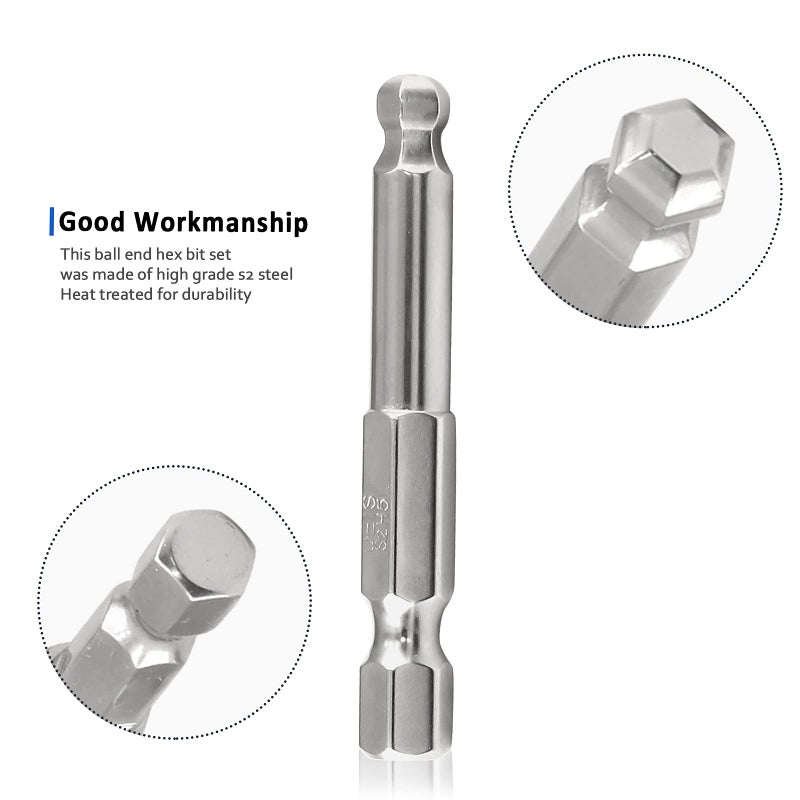 LDEXIN 9Pcs Ball End Hex Head Screwdriver Bits Set, 1.5mm 2mm 2.5mm 3mm 4mm 5mm 6mm 8mm 10mm Magnetic Tips Ball End Drill Bit Magnetic with 1/4 Inch Hex Shank, 50mm Length - Image 4